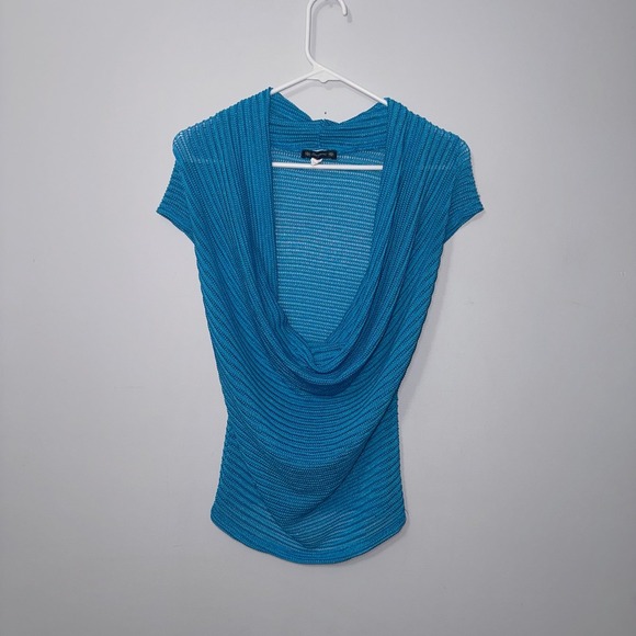 Tops - Stargazer Women's Blue Draped Cowl Neck Ribbed Knit Short Sleeve Top - Small